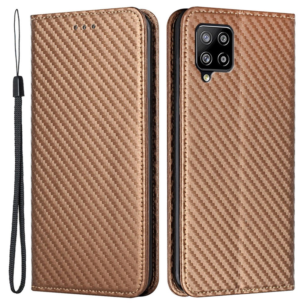 Phone Covering Hand Strap Design Carbon Fiber Texture Stand Wallet Design Auto-absorbed Leather Case for Samsung Galaxy A42 5G