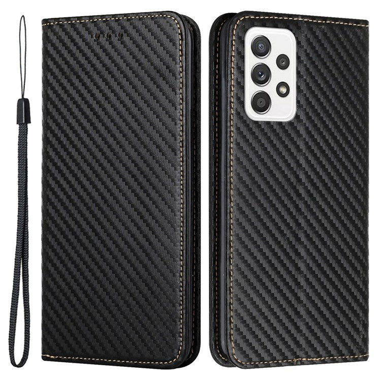 Självabsorberande kolfiberstruktur plånboksfodral i läder med handrem för Samsung Galaxy A52 5G / A52s 5G / A52 4G