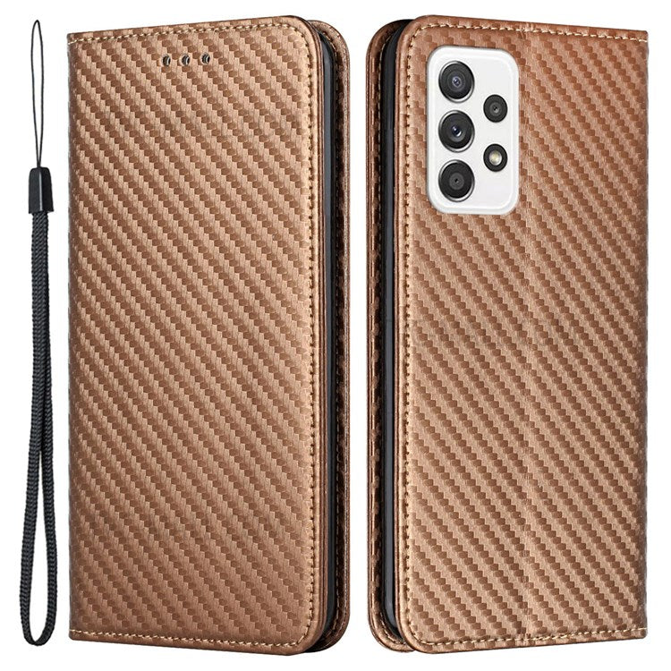 Självabsorberande kolfiberstruktur plånboksfodral i läder med handrem för Samsung Galaxy A52 5G / A52s 5G / A52 4G
