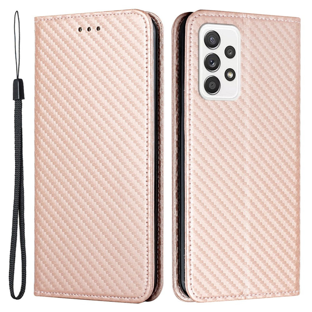 Auto-absorbed Carbon Fiber Texture Stand Wallet Leather Case Cover with Hand Strap for Samsung Galaxy A52 5G / A52s 5G / A52 4G