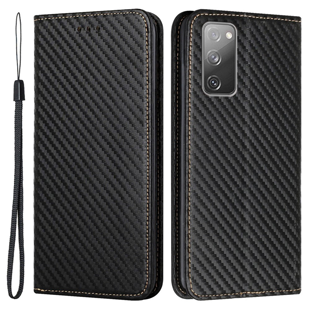 Wallet Design Carbon Fiber Texture Stand Auto-absorbed Leather Case Cover with Hand Strap for Samsung Galaxy S20 FE 2022/S20 FE 4G/5G/S20 Lite