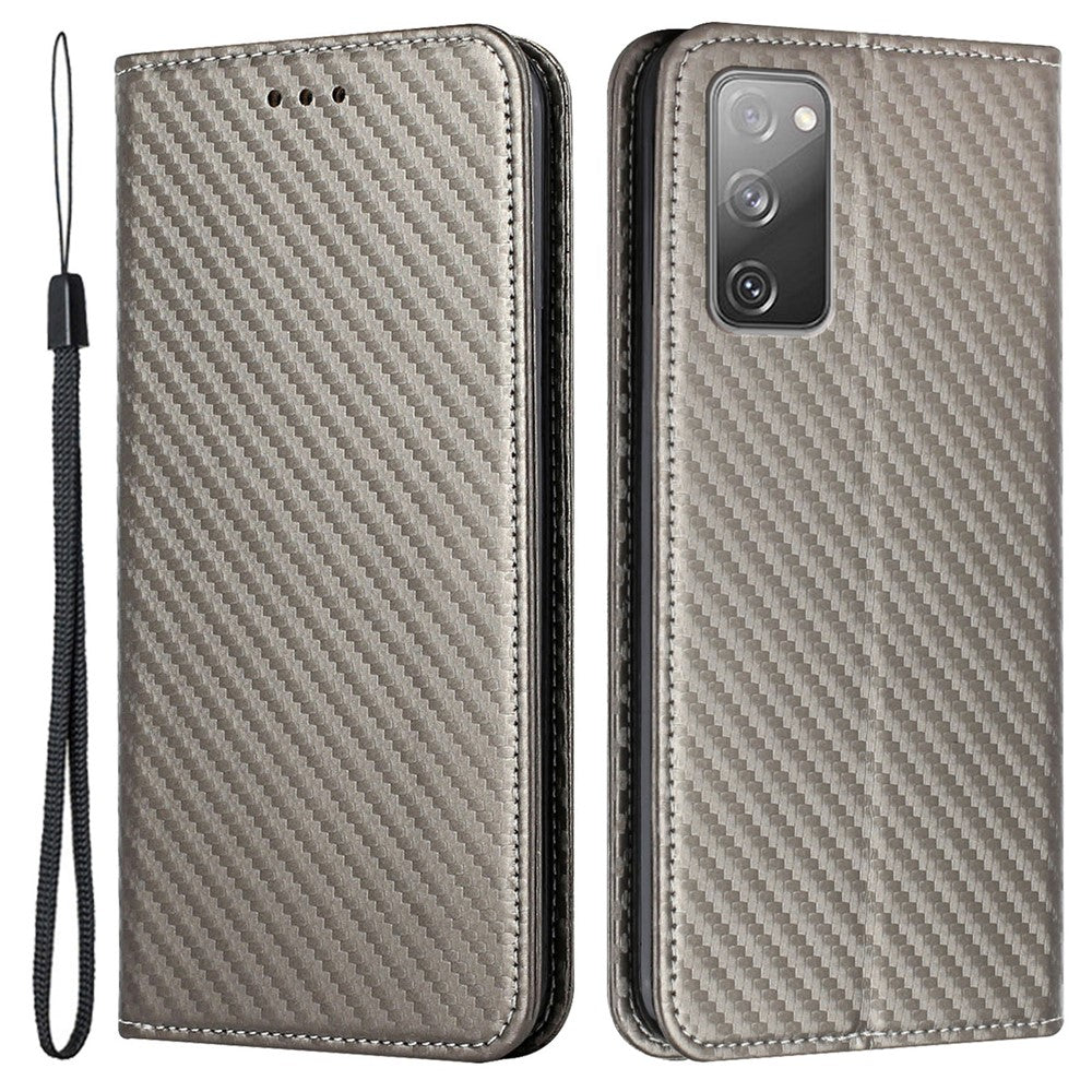 Tegnebogsdesign, kolfiberstruktur, stander, selvhæftende læderetui med håndledsrem til Samsung Galaxy S20 FE 2022/S20 FE 4G/5G/S20 Lite