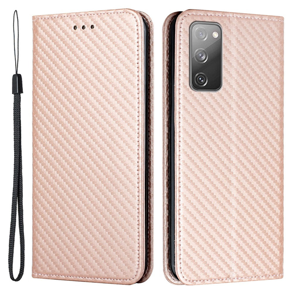 Tegnebogsdesign, kolfiberstruktur, stander, selvhæftende læderetui med håndledsrem til Samsung Galaxy S20 FE 2022/S20 FE 4G/5G/S20 Lite