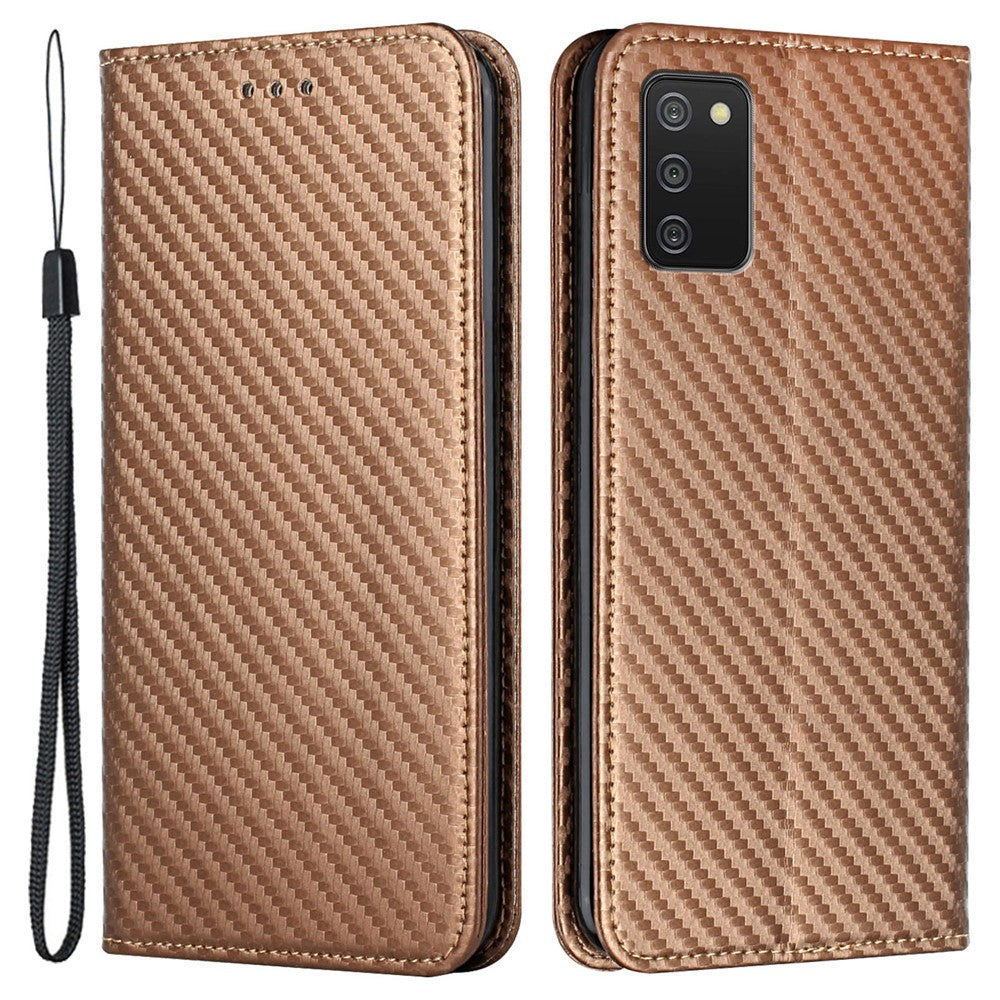 Flip Design Auto-absorbed Carbon Fiber Texture Stand Wallet PU Leather Case Cover with Hand Strap for Samsung Galaxy A03s (164.2mm)