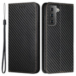 For Samsung Galaxy S22 5G Carbon Fiber Texture Stand Wallet Design Auto-absorbed Leather Case Cover with Hand Strap