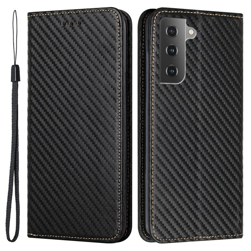 For Samsung Galaxy S22 5G Carbon Fiber Texture Stand Wallet Design Auto-absorbed Leather Case Cover with Hand Strap