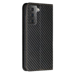For Samsung Galaxy S22 5G Carbon Fiber Texture Stand Wallet Design Auto-absorbed Leather Case Cover with Hand Strap