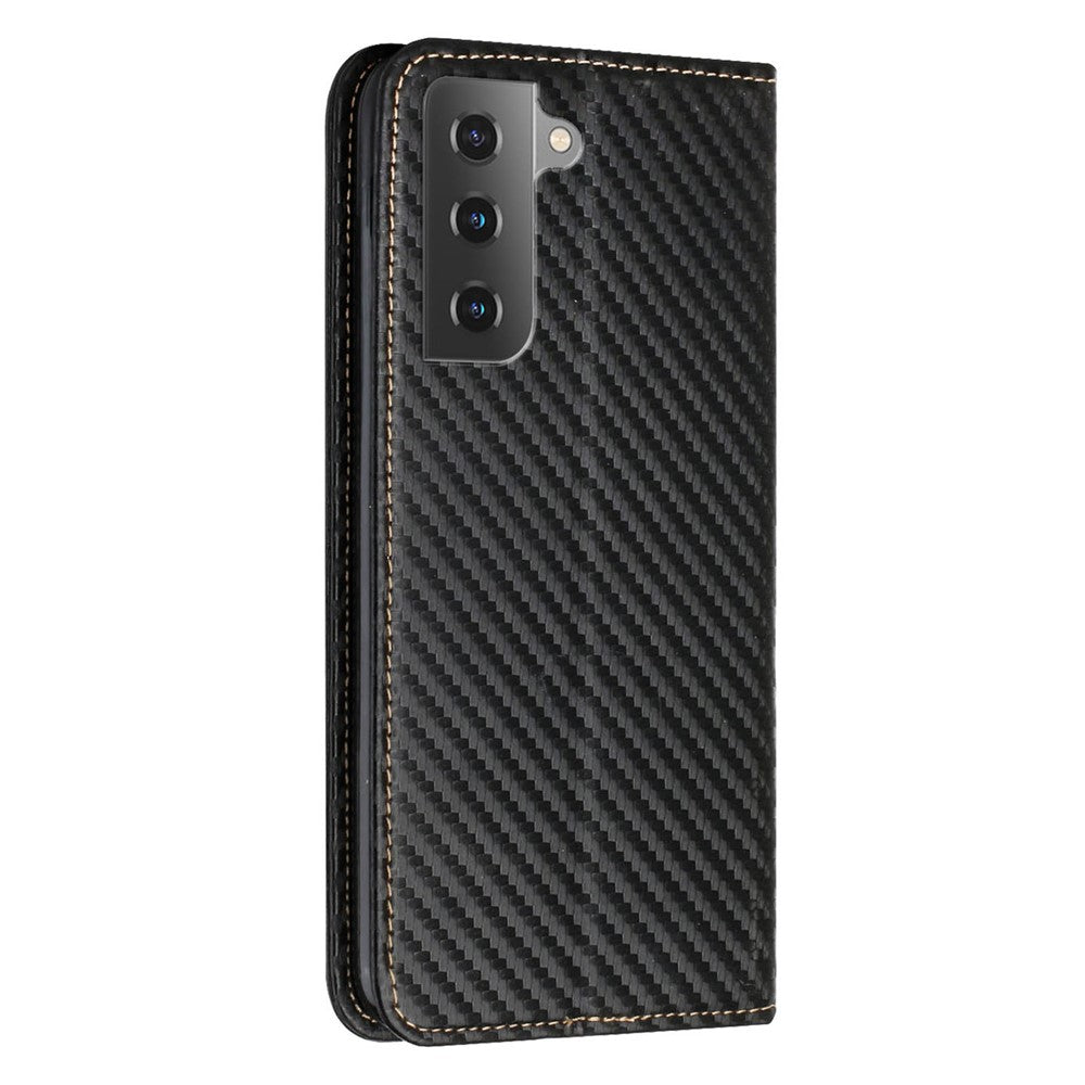 For Samsung Galaxy S22 5G Carbon Fiber Texture Stand Wallet Design Auto-absorbed Leather Case Cover with Hand Strap