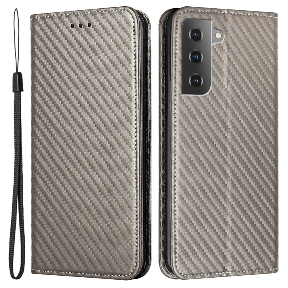 For Samsung Galaxy S22 5G Carbon Fiber Texture Stand Wallet Design Auto-absorbed Leather Case Cover with Hand Strap