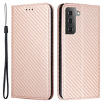 For Samsung Galaxy S22 5G Carbon Fiber Texture Stand Wallet Design Auto-absorbed Leather Case Cover with Hand Strap