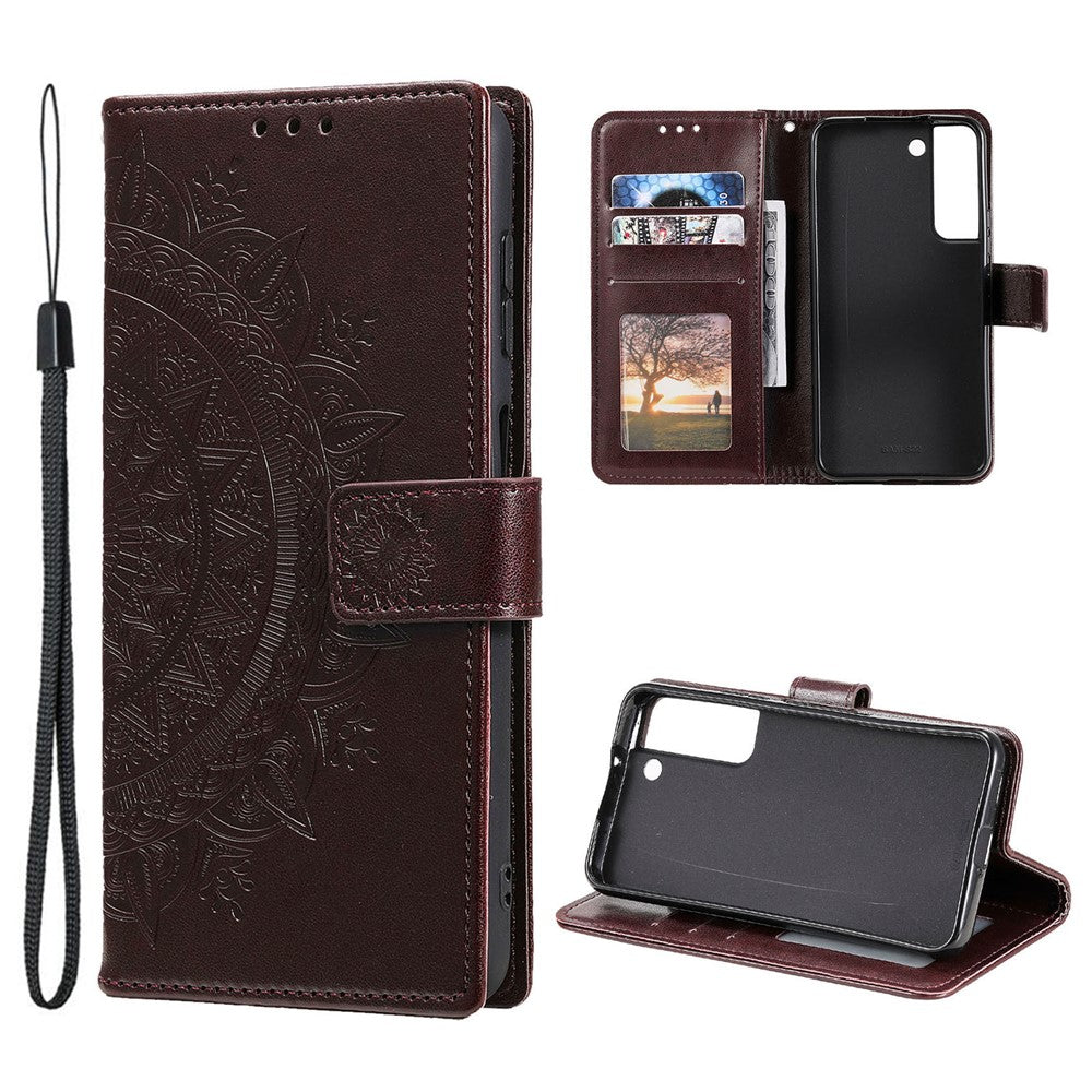 Samsung Galaxy S22 5G Präglad Mandala Blommönster Folio Flip mobilskal PU Läder Plånboksfodral