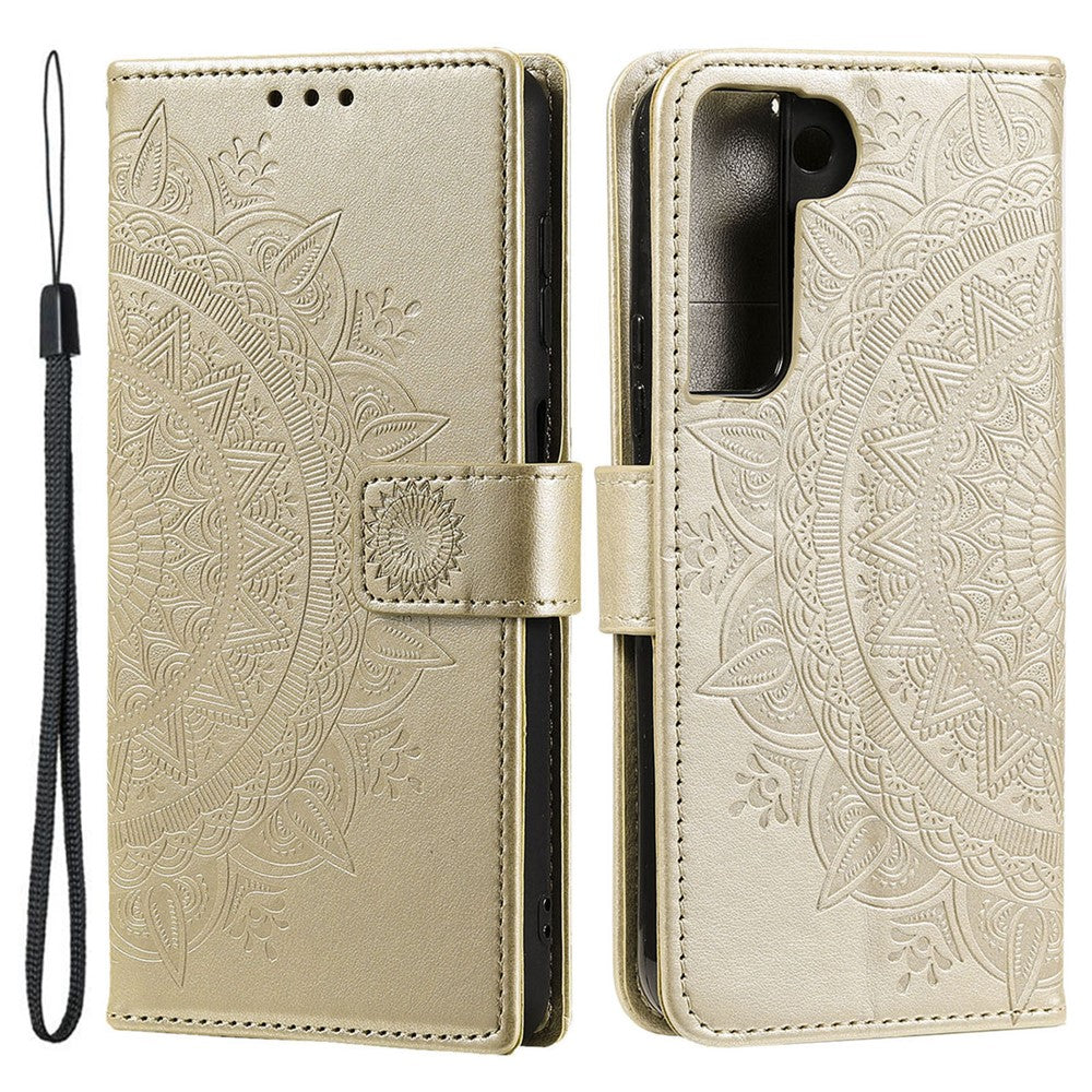 Samsung Galaxy S22 5G Präglad Mandala Blommönster Folio Flip mobilskal PU Läder Plånboksfodral
