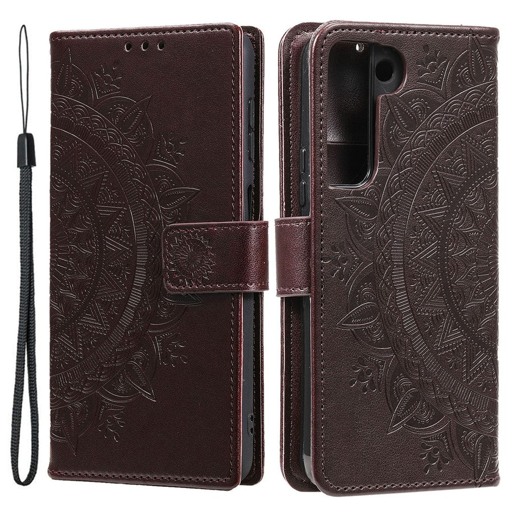 Imprinting Mandala Flower PU Leather + TPU Shockproof Phone Case with Wallet Stand for Samsung Galaxy S22+ 5G