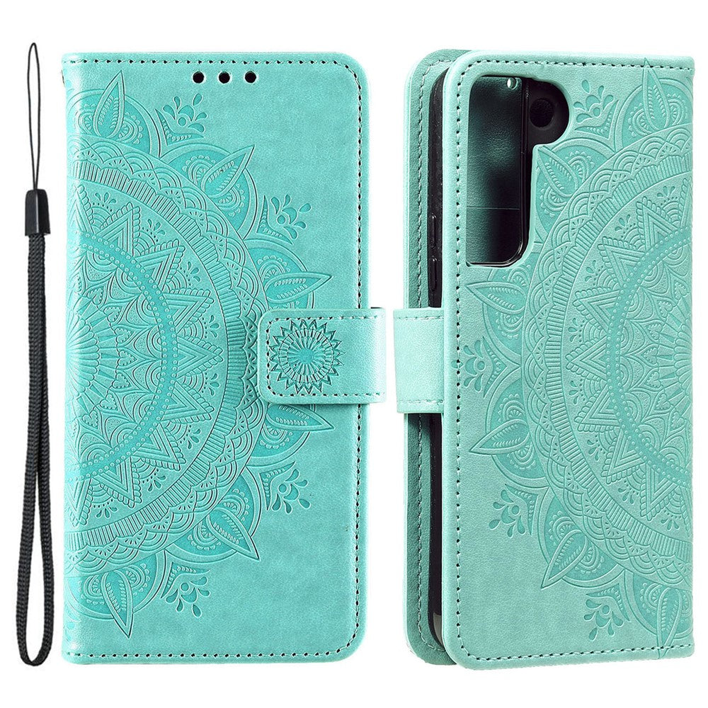 Imprinting Mandala Flower PU Leather + TPU Shockproof Phone Case with Wallet Stand for Samsung Galaxy S22+ 5G