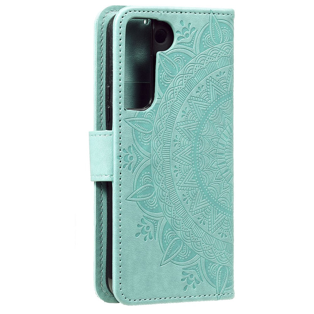 Imprinting Mandala Flower PU Leather + TPU Shockproof Phone Case with Wallet Stand for Samsung Galaxy S22+ 5G