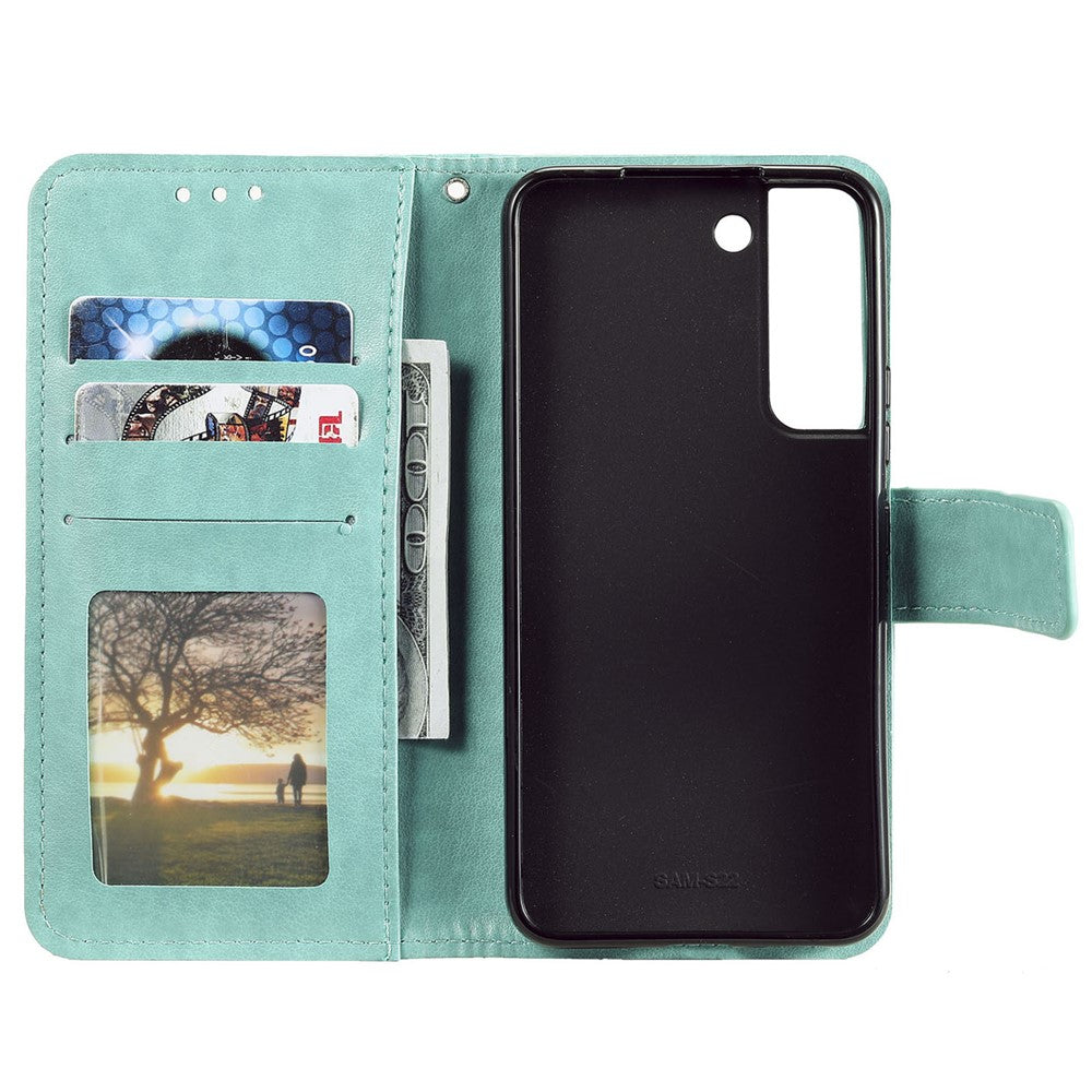 Imprinting Mandala Flower PU Leather + TPU Shockproof Phone Case with Wallet Stand for Samsung Galaxy S22+ 5G