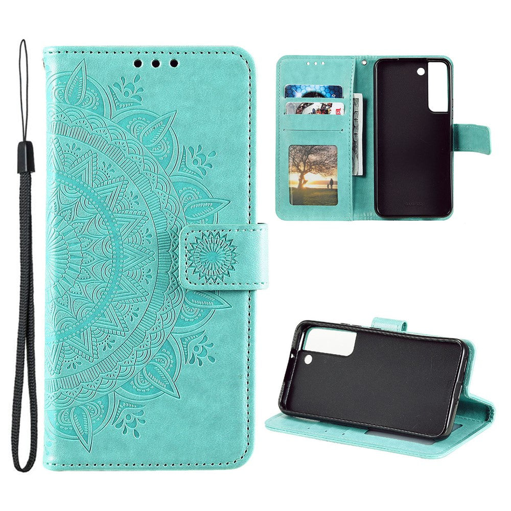 Imprinting Mandala Flower PU Leather + TPU Shockproof Phone Case with Wallet Stand for Samsung Galaxy S22+ 5G