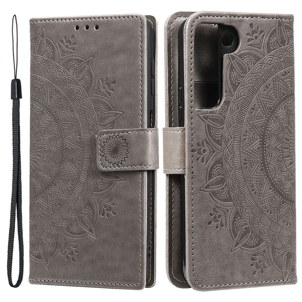 Imprinting Mandala Flower PU Leather + TPU Shockproof Phone Case with Wallet Stand for Samsung Galaxy S22+ 5G