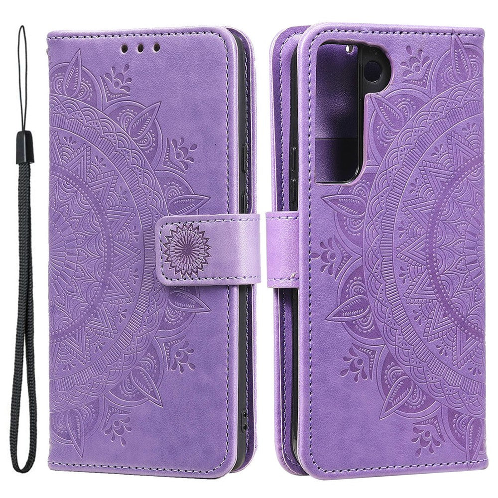 Imprinting Mandala Flower PU Leather + TPU Shockproof Phone Case with Wallet Stand for Samsung Galaxy S22+ 5G