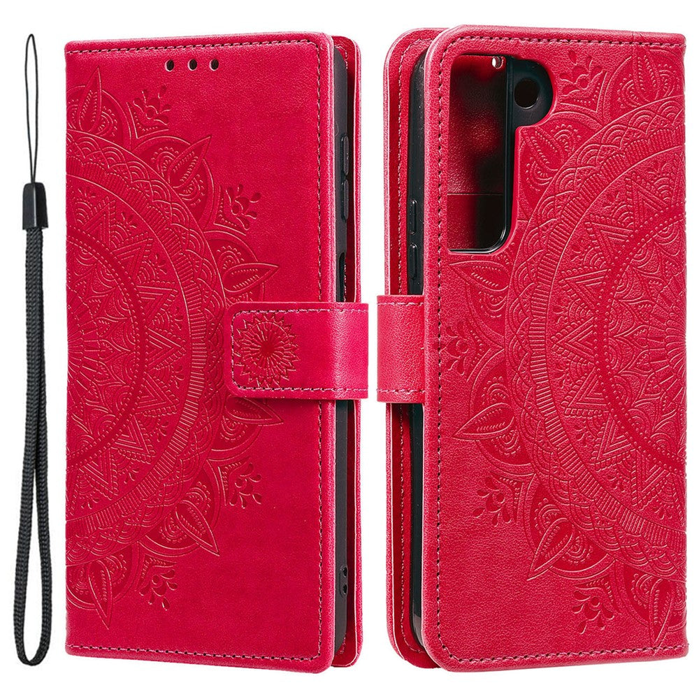 Imprinting Mandala Flower PU Leather + TPU Shockproof Phone Case with Wallet Stand for Samsung Galaxy S22+ 5G