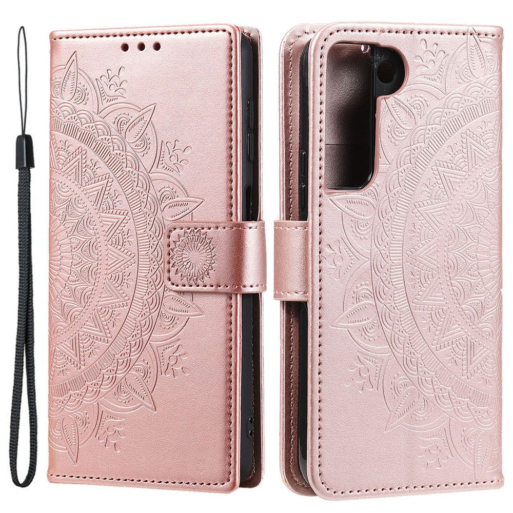 Imprinting Mandala Flower PU Leather + TPU Shockproof Phone Case with Wallet Stand for Samsung Galaxy S22+ 5G
