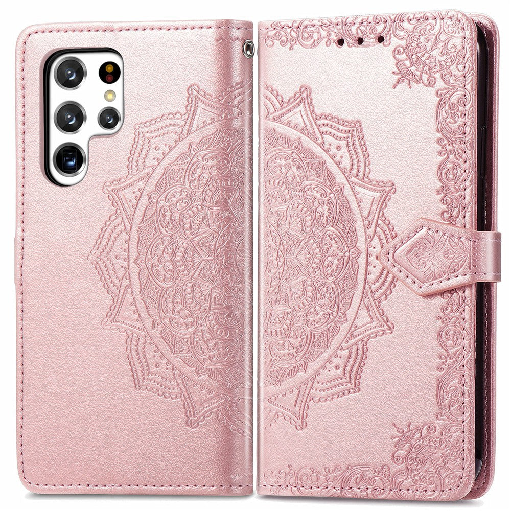 Stand Function Embossed Mandala Pattern Leather Flip Case Wallet Cover with Strap for Samsung Galaxy S22 Ultra 5G