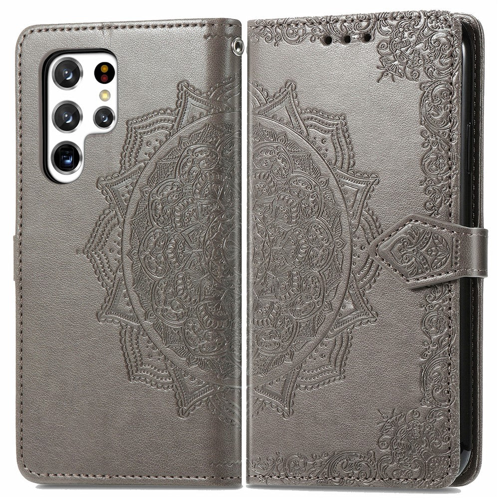 Stand Function Embossed Mandala Pattern Leather Flip Case Wallet Cover with Strap for Samsung Galaxy S22 Ultra 5G