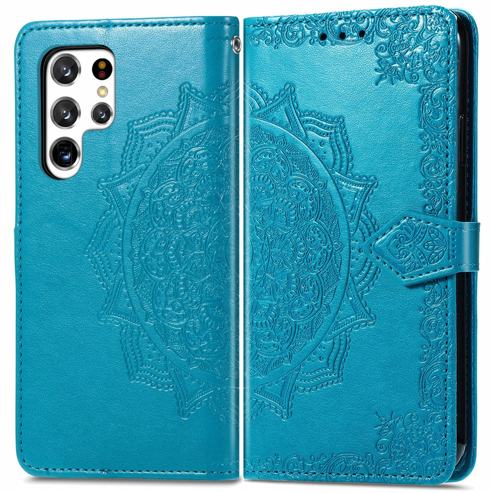 Stand Function Embossed Mandala Pattern Leather Flip Case Wallet Cover with Strap for Samsung Galaxy S22 Ultra 5G