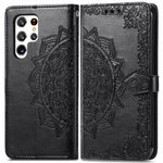 Stand Function Embossed Mandala Pattern Leather Flip Case Wallet Cover with Strap for Samsung Galaxy S22 Ultra 5G