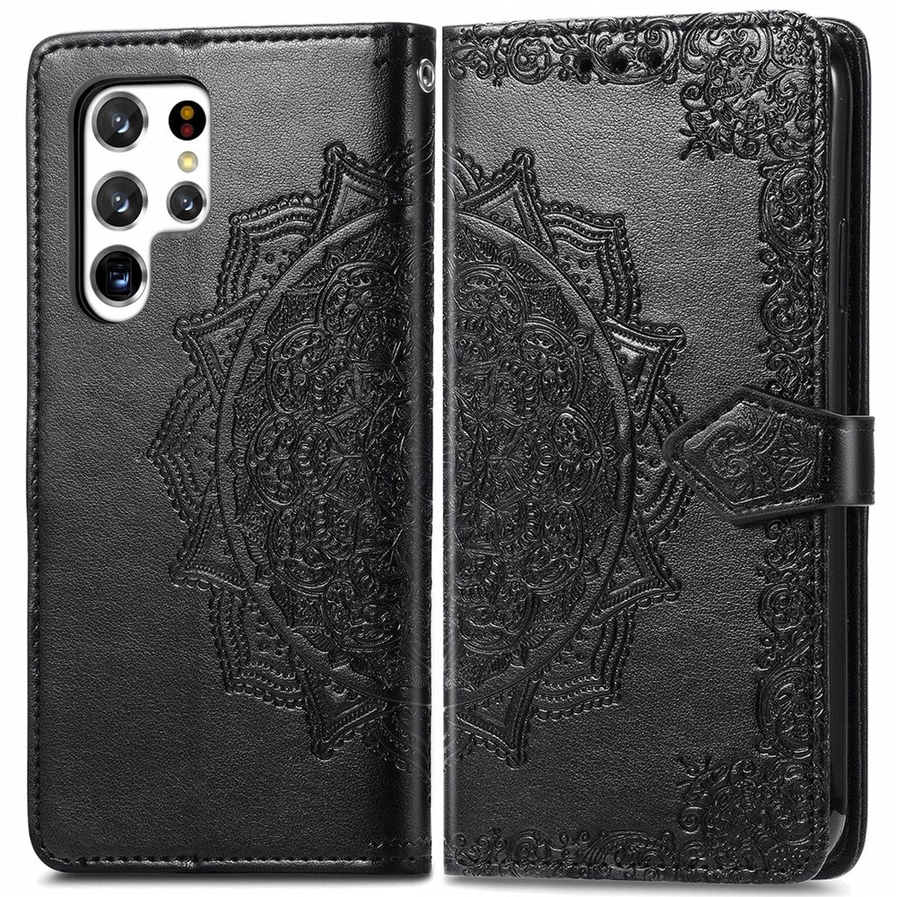 Stand Function Embossed Mandala Pattern Leather Flip Case Wallet Cover with Strap for Samsung Galaxy S22 Ultra 5G