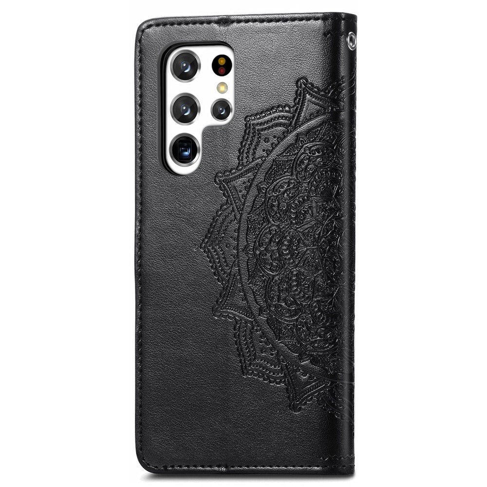 Stand Function Embossed Mandala Pattern Leather Flip Case Wallet Cover with Strap for Samsung Galaxy S22 Ultra 5G
