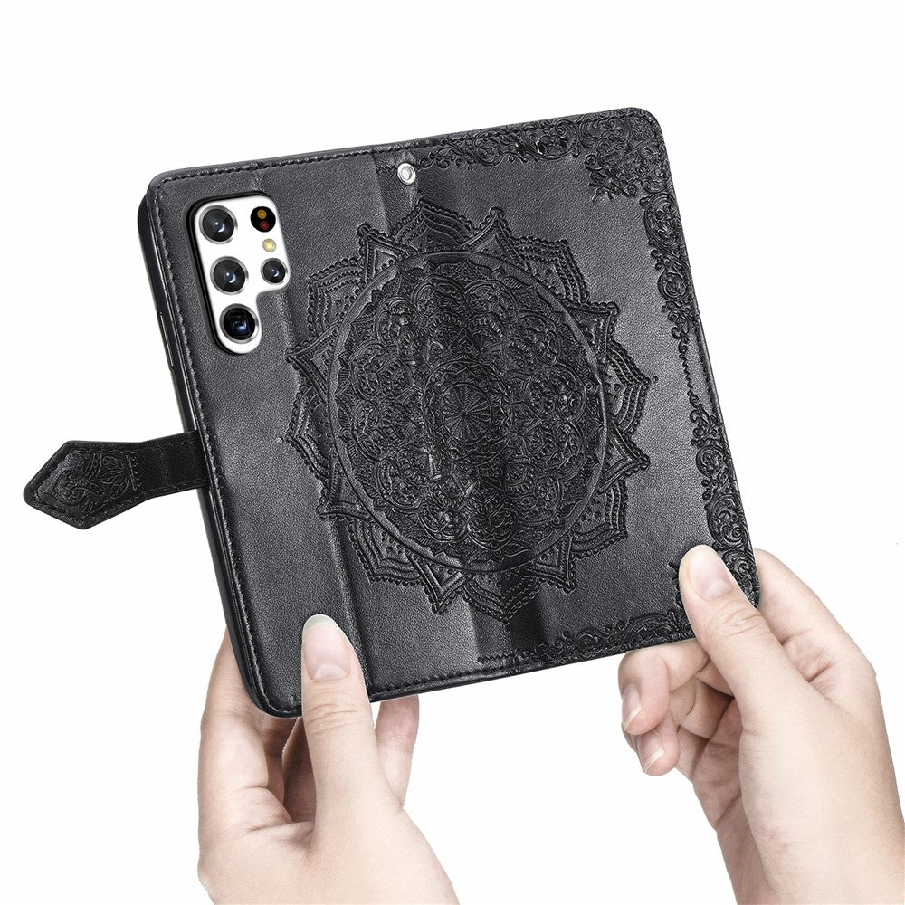 Stand Function Embossed Mandala Pattern Leather Flip Case Wallet Cover with Strap for Samsung Galaxy S22 Ultra 5G