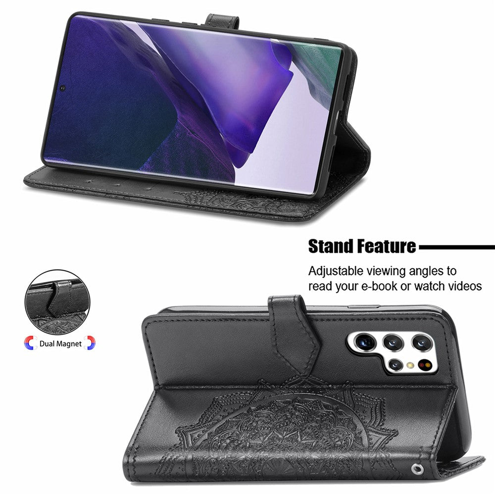 Stand Function Embossed Mandala Pattern Leather Flip Case Wallet Cover with Strap for Samsung Galaxy S22 Ultra 5G