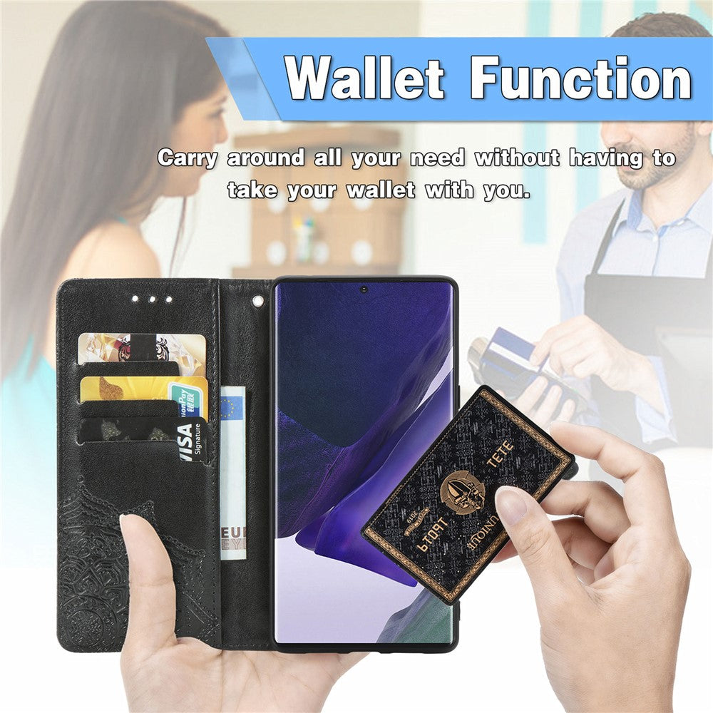 Stand Function Embossed Mandala Pattern Leather Flip Case Wallet Cover with Strap for Samsung Galaxy S22 Ultra 5G
