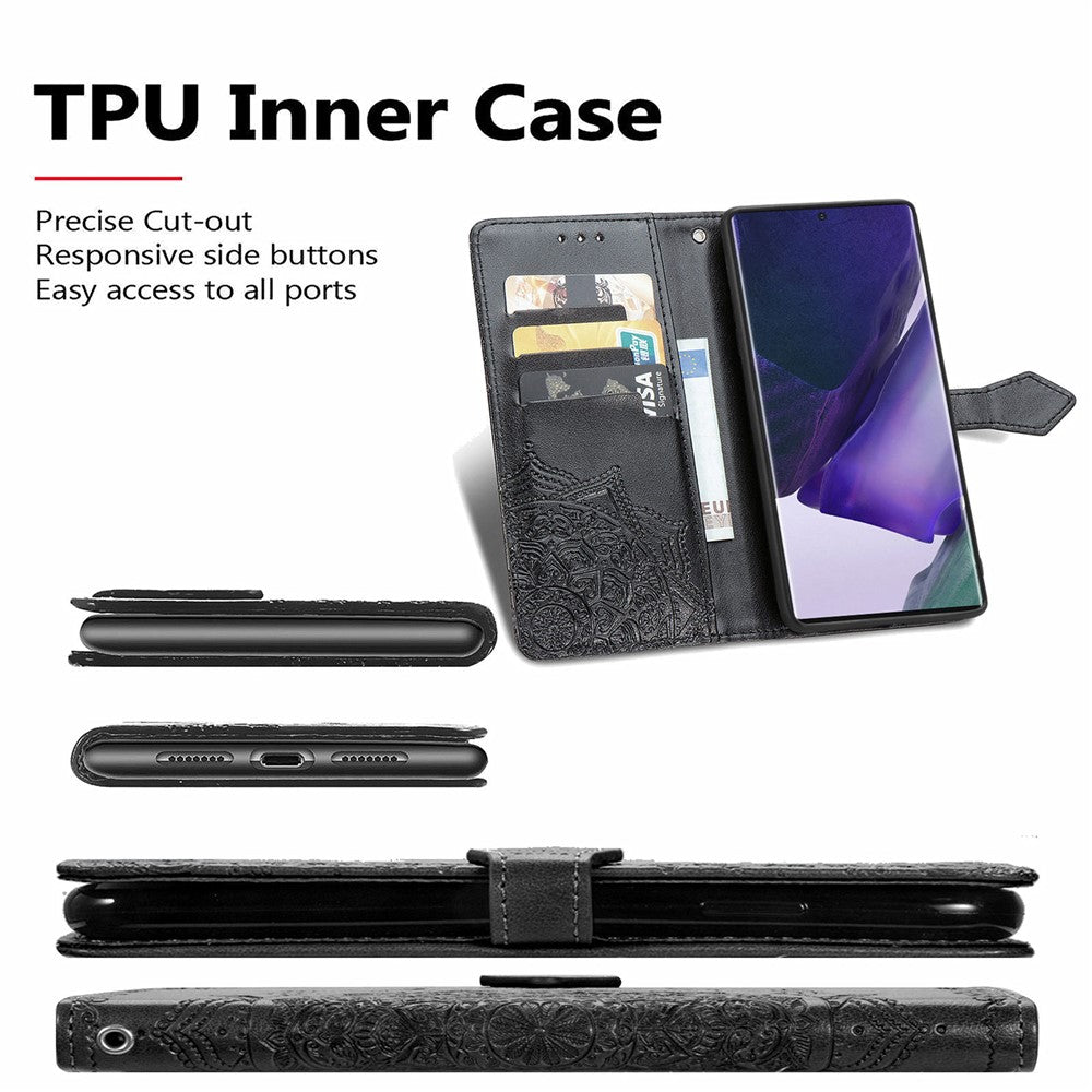 Stand Function Embossed Mandala Pattern Leather Flip Case Wallet Cover with Strap for Samsung Galaxy S22 Ultra 5G