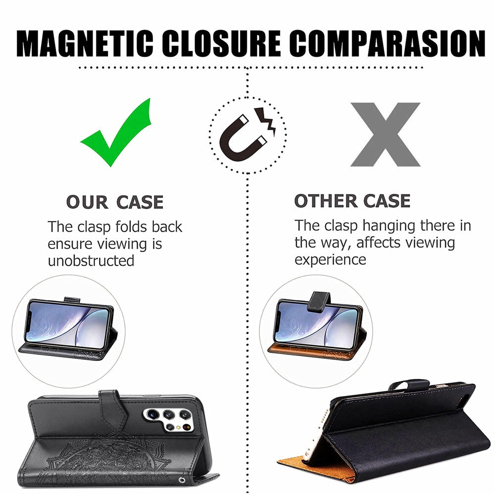 Stand Function Embossed Mandala Pattern Leather Flip Case Wallet Cover with Strap for Samsung Galaxy S22 Ultra 5G