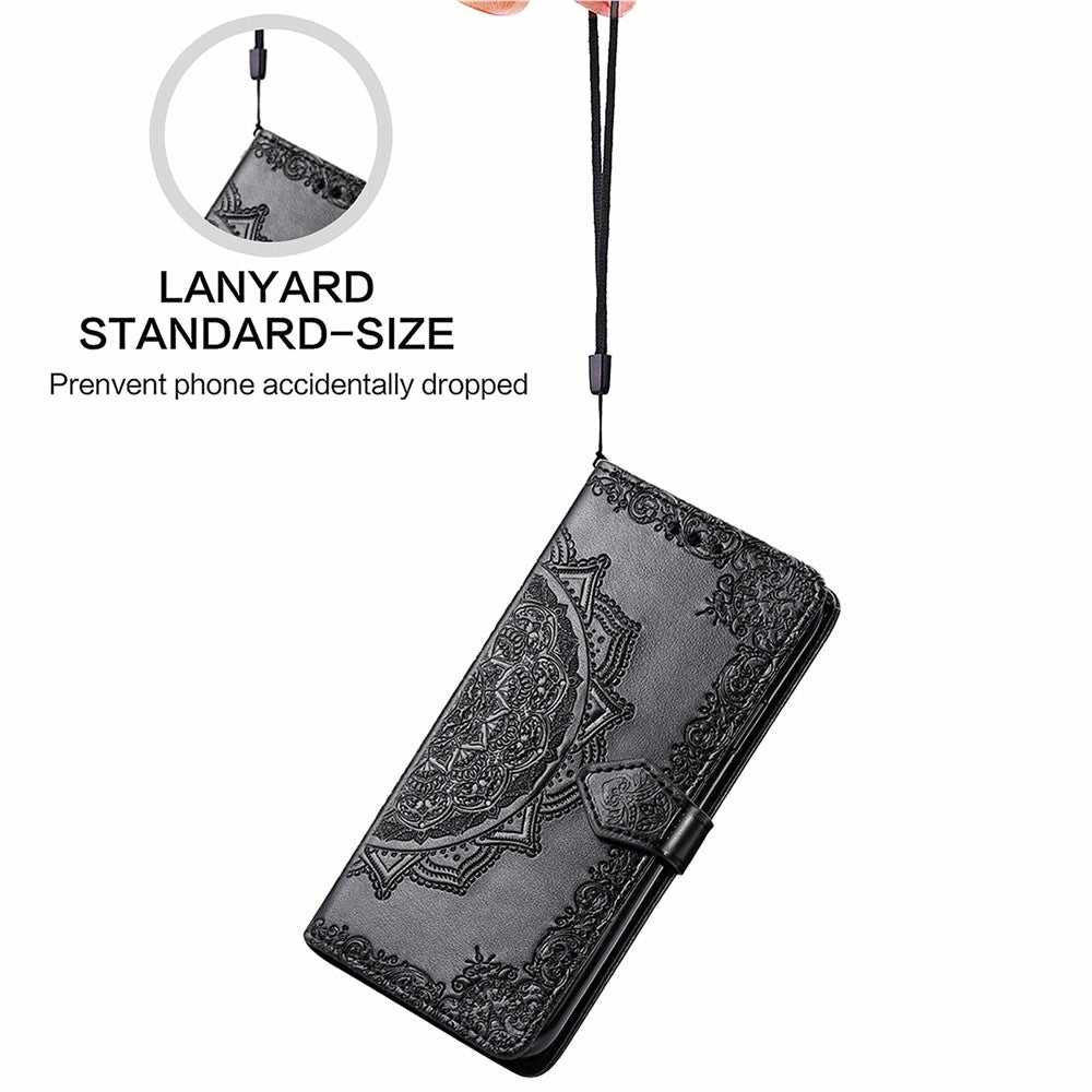 Stand Function Embossed Mandala Pattern Leather Flip Case Wallet Cover with Strap for Samsung Galaxy S22 Ultra 5G