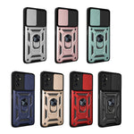 Well-protected Drop-proof Camera Slide Cover Ring Holder Kickstand Design PC + TPU Phone Cover Case for Samsung Galaxy M52 5G