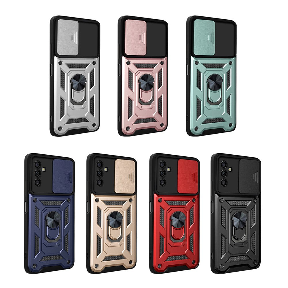 Well-protected Drop-proof Camera Slide Cover Ring Holder Kickstand Design PC + TPU Phone Cover Case for Samsung Galaxy M52 5G