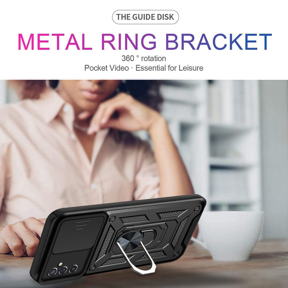 Well-protected Drop-proof Camera Slide Cover Ring Holder Kickstand Design PC + TPU Phone Cover Case for Samsung Galaxy M52 5G