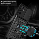 Well-protected Drop-proof Camera Slide Cover Ring Holder Kickstand Design PC + TPU Phone Cover Case for Samsung Galaxy M52 5G