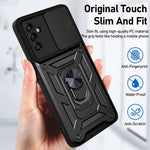 Well-protected Drop-proof Camera Slide Cover Ring Holder Kickstand Design PC + TPU Phone Cover Case for Samsung Galaxy M52 5G