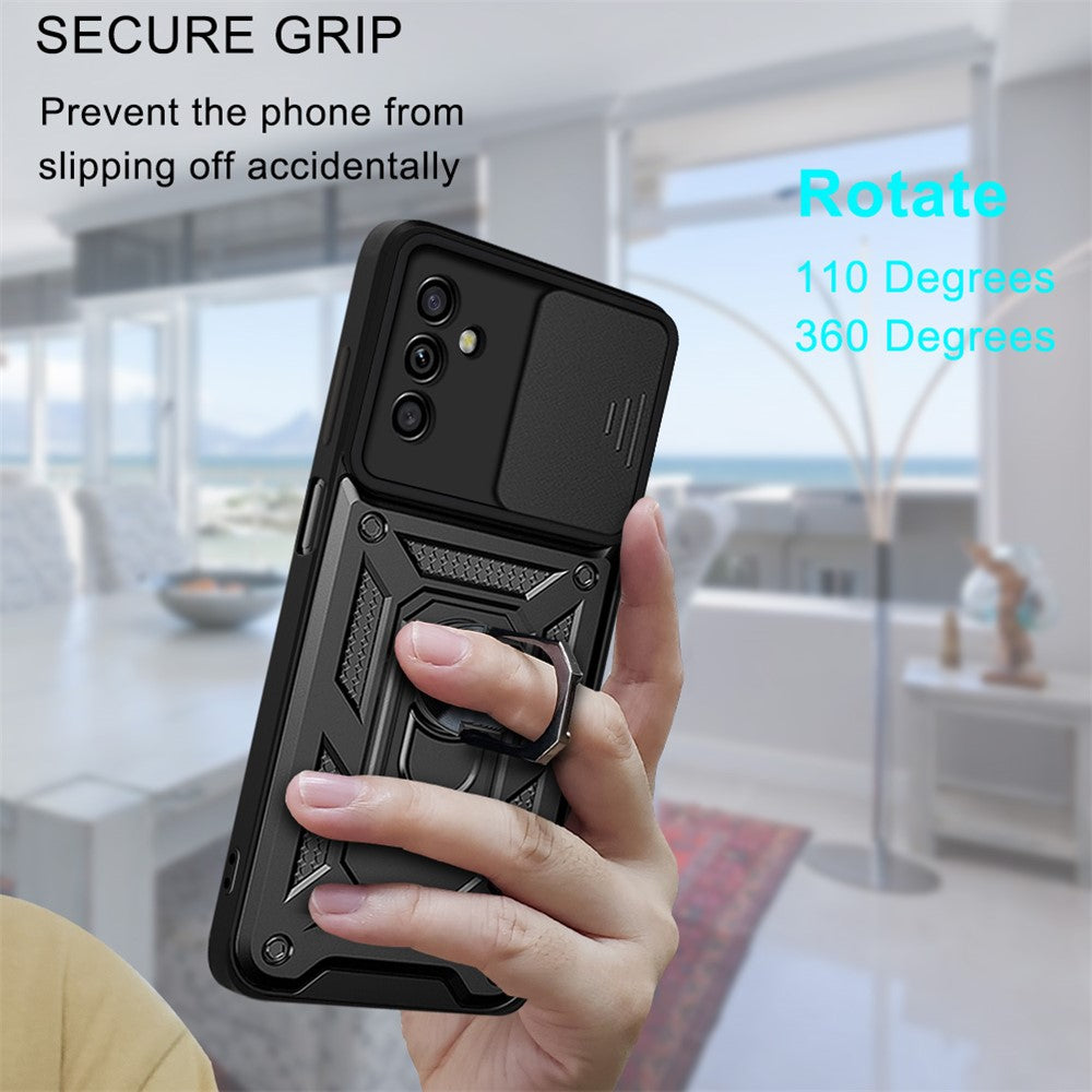 Well-protected Drop-proof Camera Slide Cover Ring Holder Kickstand Design PC + TPU Phone Cover Case for Samsung Galaxy M52 5G