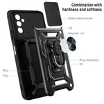 Well-protected Drop-proof Camera Slide Cover Ring Holder Kickstand Design PC + TPU Phone Cover Case for Samsung Galaxy M52 5G
