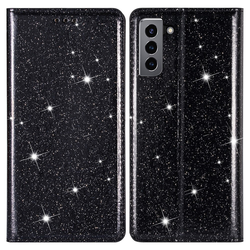 Glitter Powder Ultra-thin Card Slot Stand Leather Case Phone Cover for Samsung Galaxy S22+ 5G