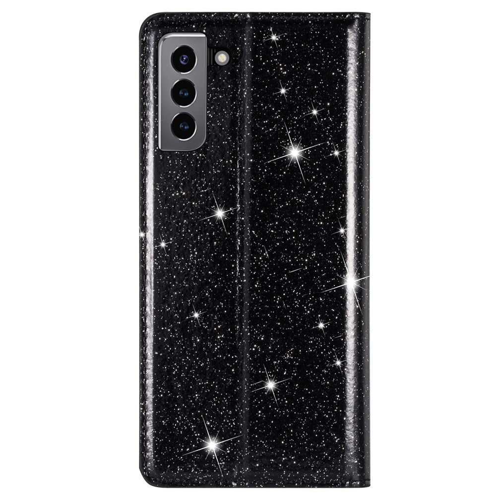 Glitter Powder Ultra-thin Card Slot Stand Leather Case Phone Cover for Samsung Galaxy S22+ 5G