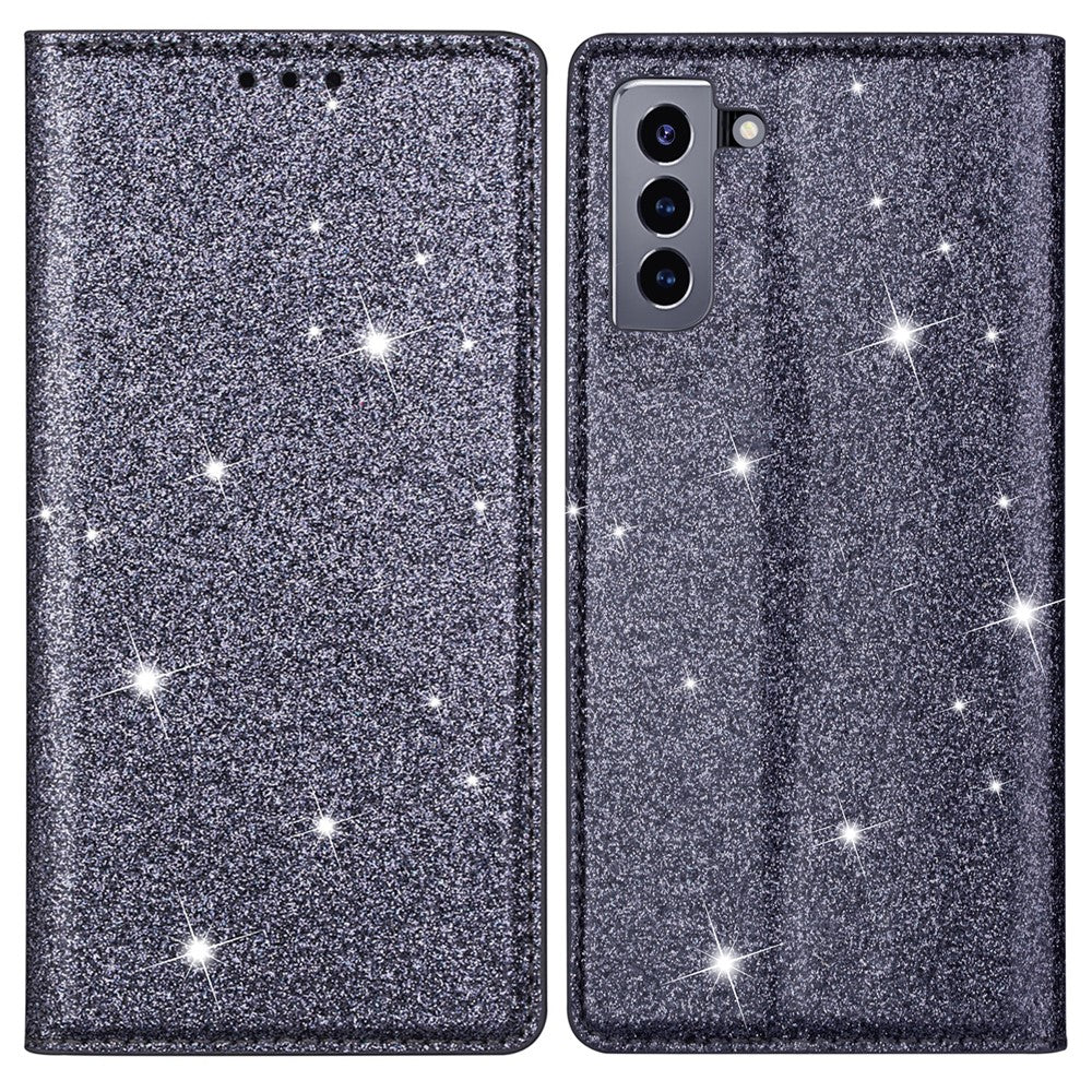 Glitter Powder Ultra-thin Card Slot Stand Leather Case Phone Cover for Samsung Galaxy S22+ 5G