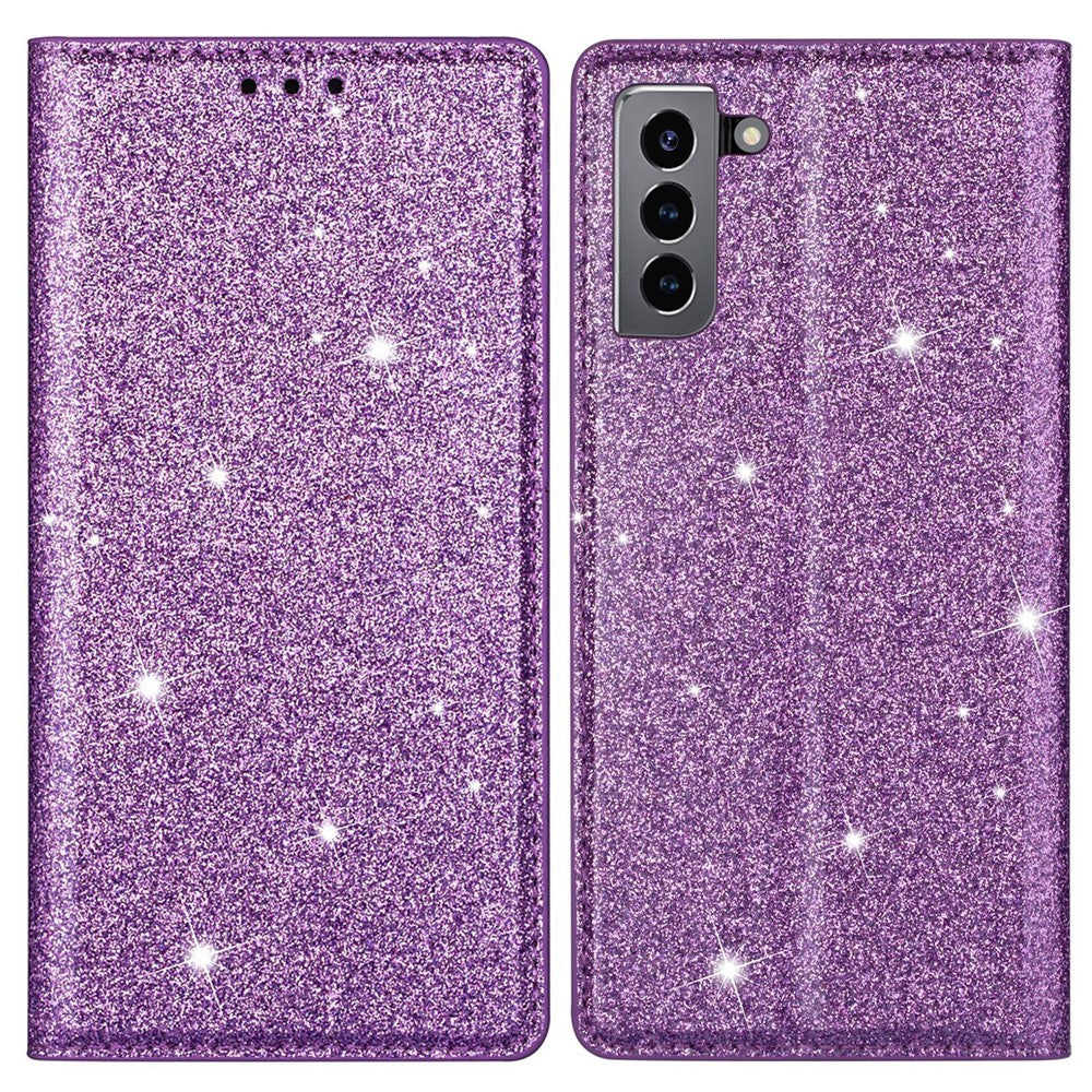 Glitter Powder Ultra-thin Card Slot Stand Leather Case Phone Cover for Samsung Galaxy S22+ 5G