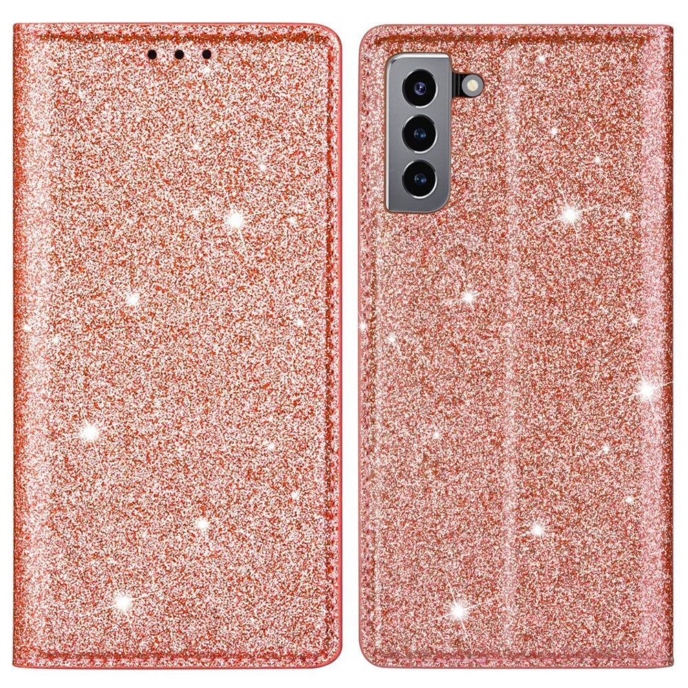Glitter Powder Ultra-thin Card Slot Stand Leather Case Phone Cover for Samsung Galaxy S22+ 5G