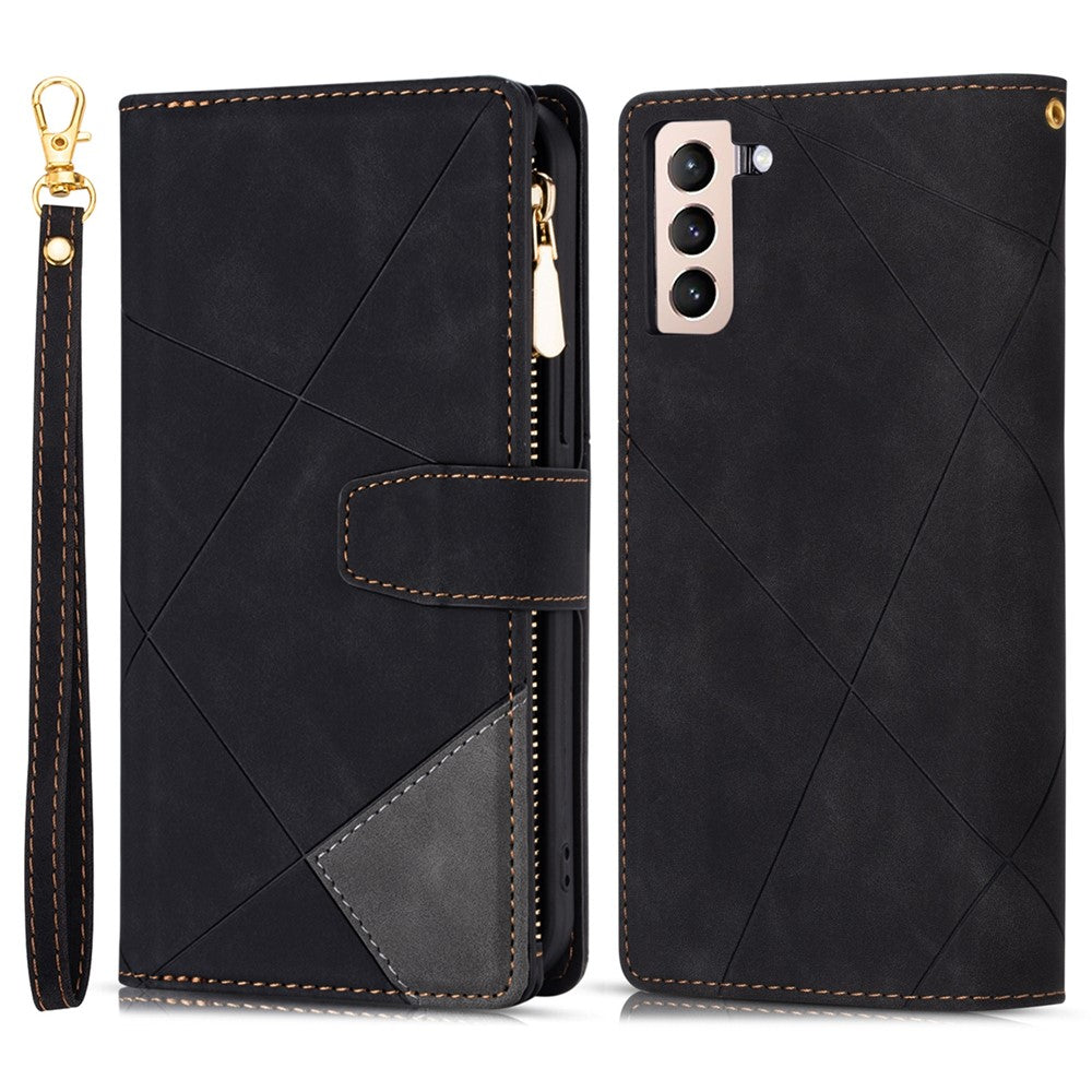 Zipper Pocket Color Splicing Lines Design Case Well-protected PU Leather Wallet Stand Phone Cover for Samsung Galaxy S22 5G